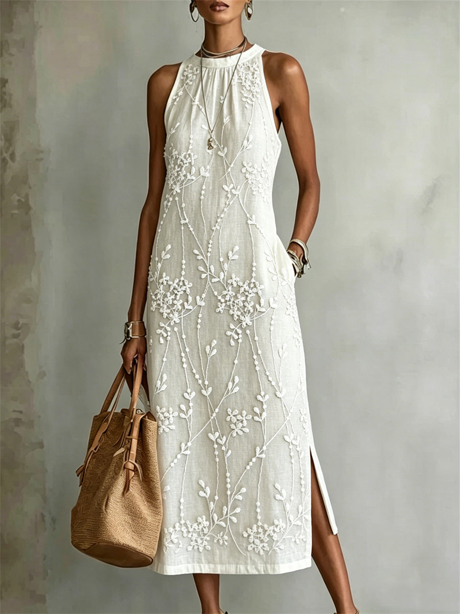 Women's Classy Floral Vines Art Print Side Slit Linen Maxi Dress