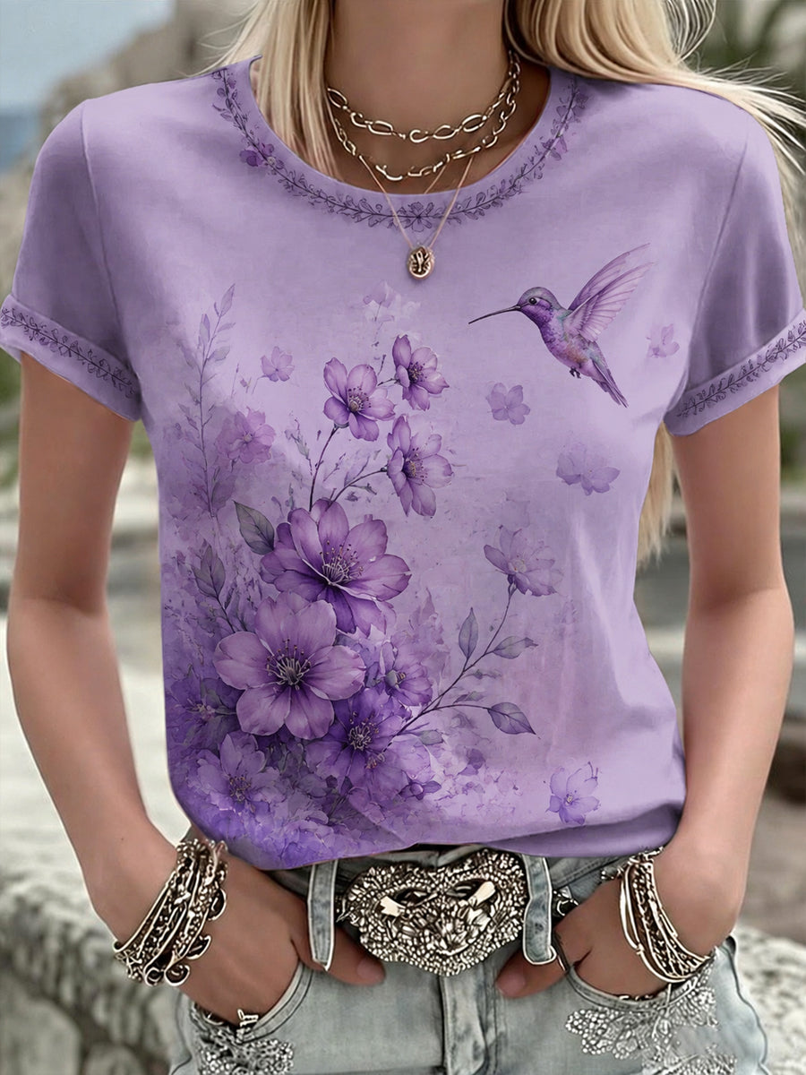 Women's Purple Flora Art Printed T-shirt