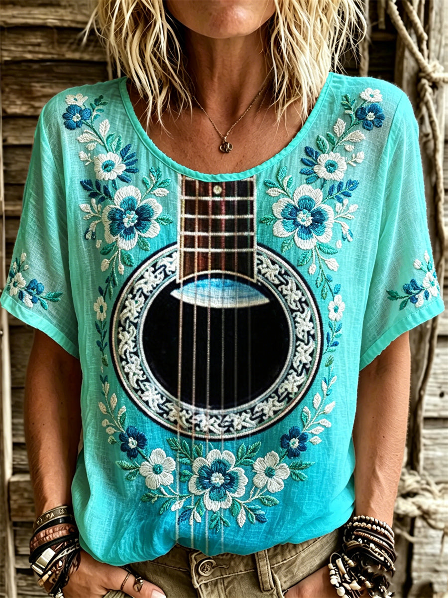 Women's Vintage Guitar Inspired Floral Art Print Gradient linen short-sleeved T-shirt