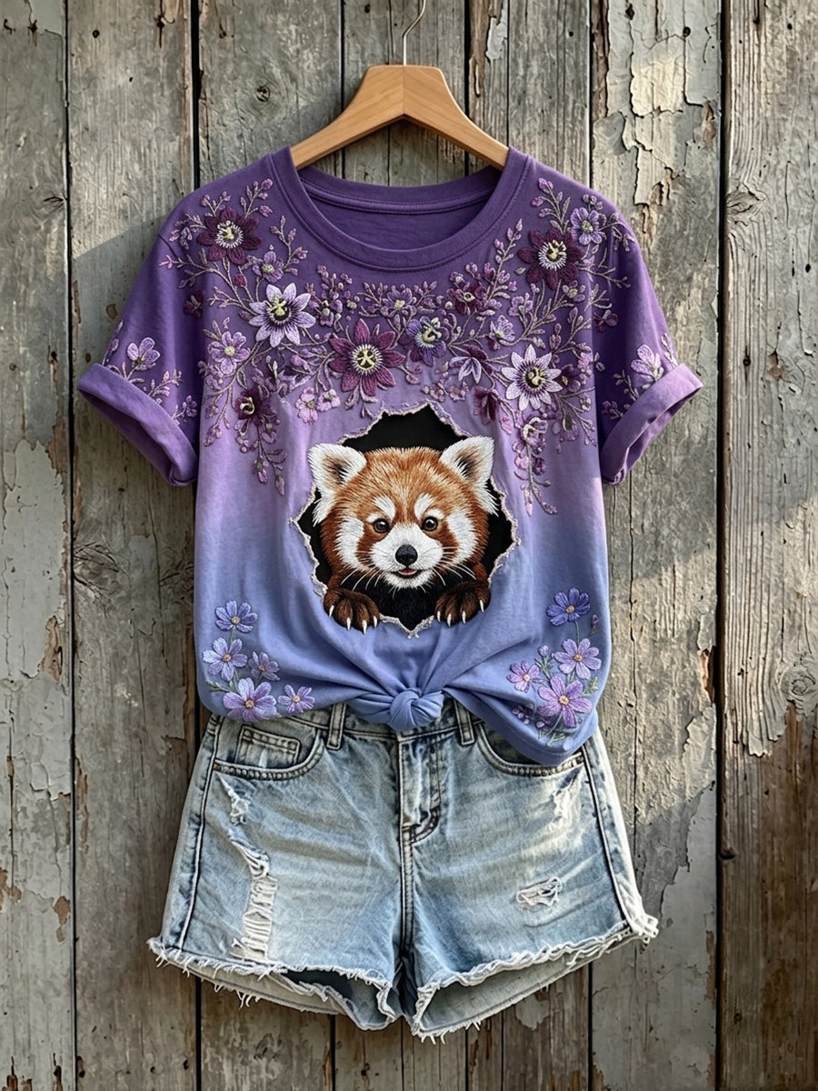 Women's Cute Floral Red Panda Art Print Short-sleeved T-shirt