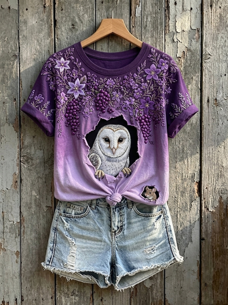 Women's Floral Owl & Mouse Art Print Short-sleeved T-shirt