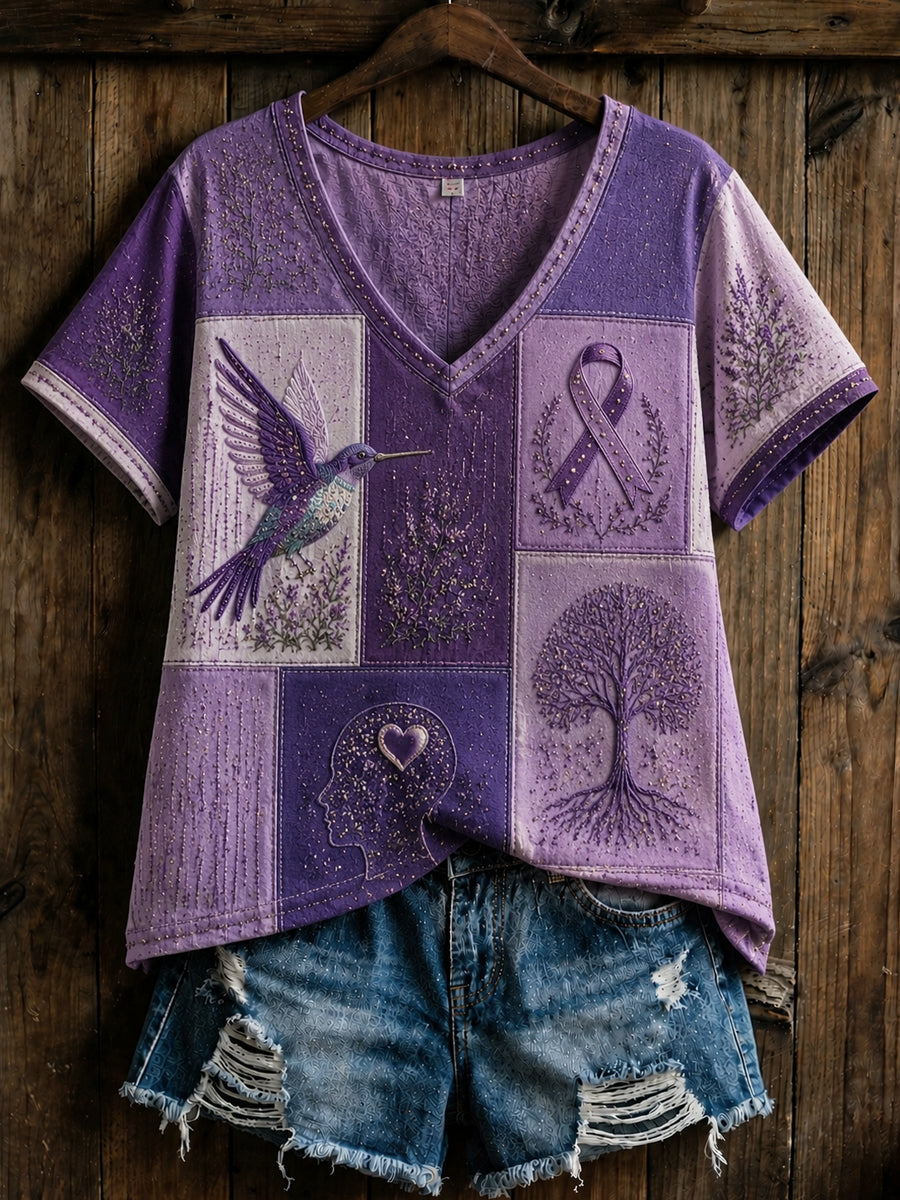 Retro Alzheimer's Hummingbird Patchwork Cotton-Linen T-Shirt
