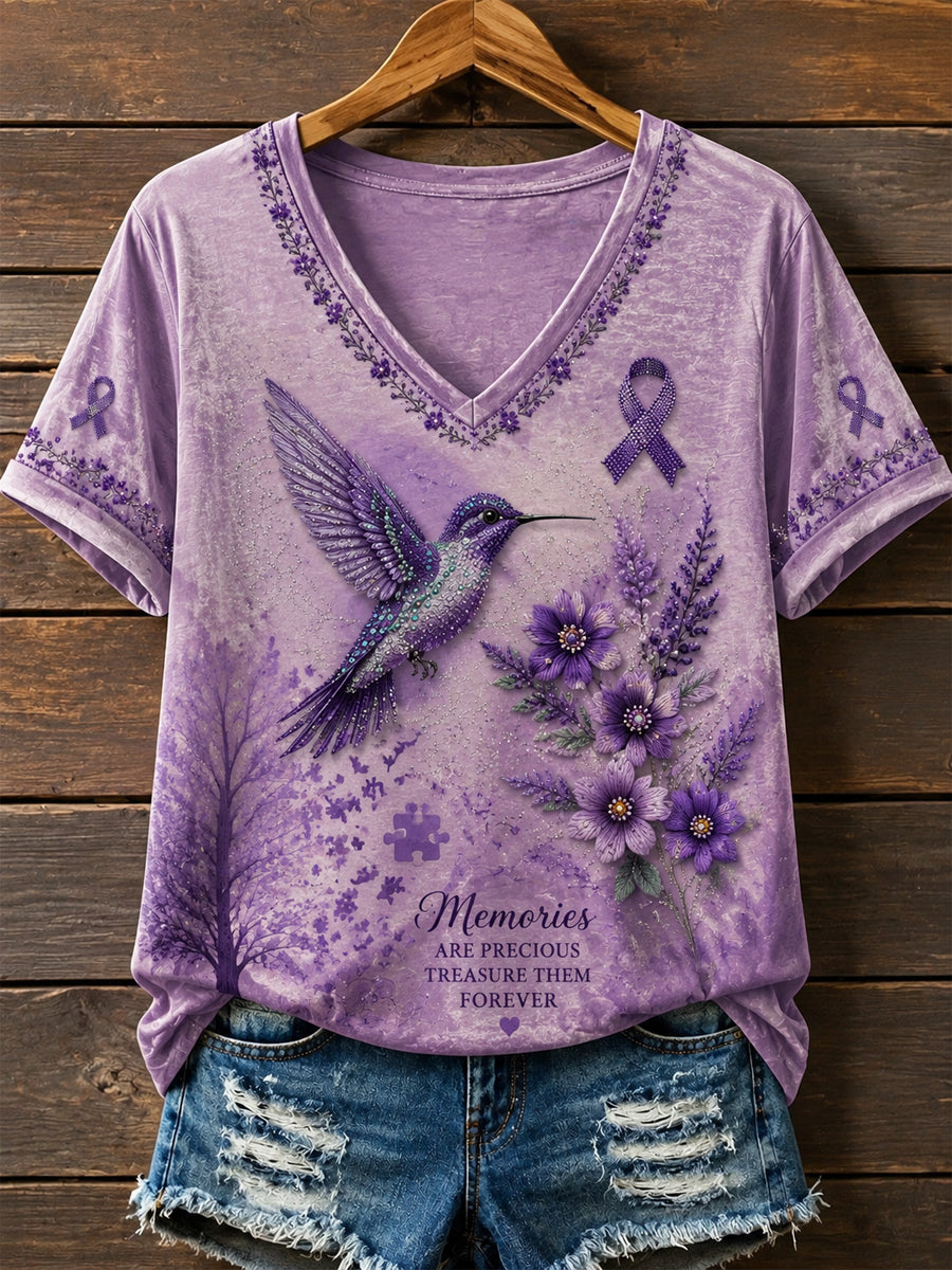 Retro Alzheimer's Hummingbird Floral Casual V-Neck T-Shirt