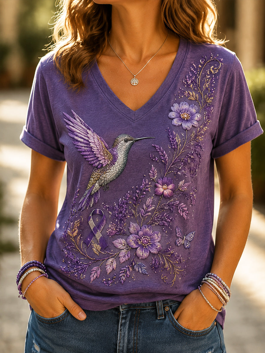 Women's Alzheimer's Disease Hummingbird Floral Casual V-Neck T-Shirt