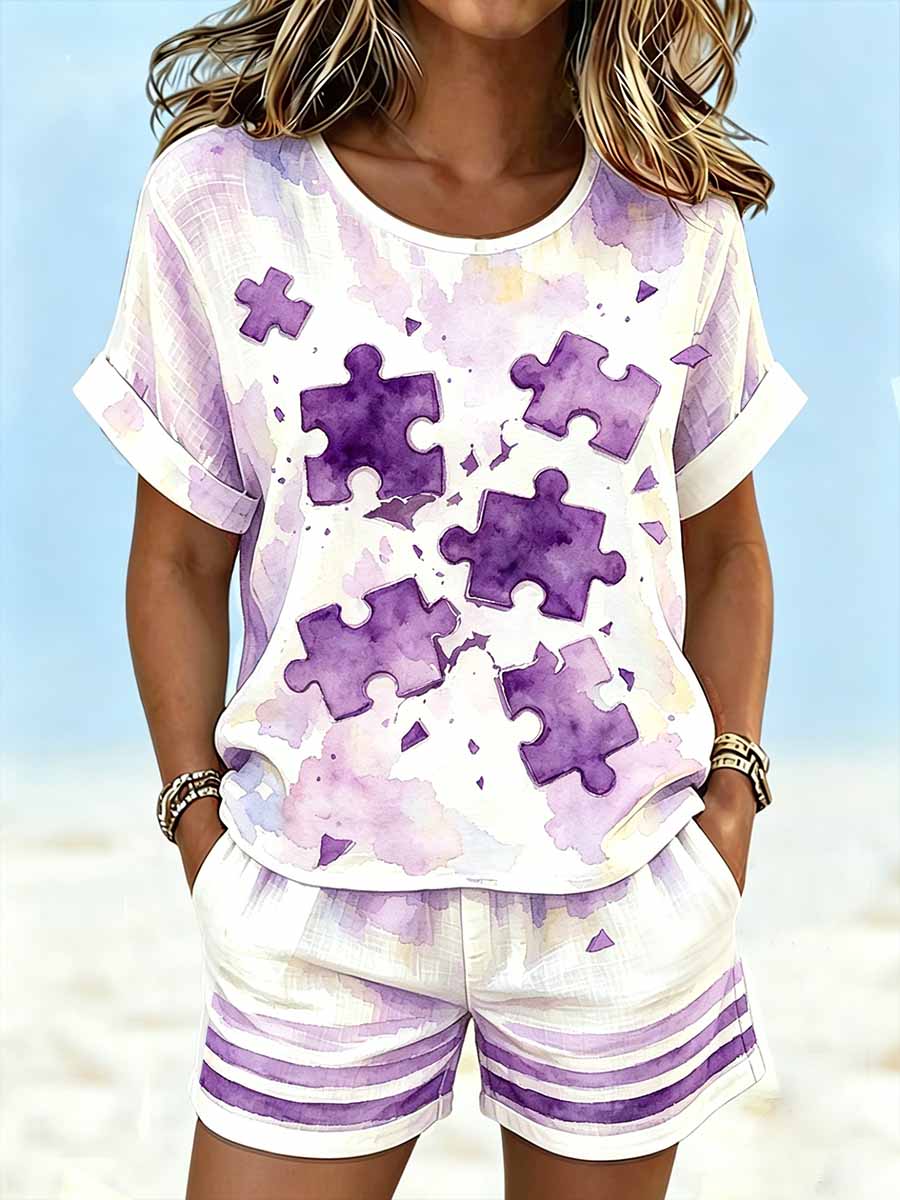 Women's Purple Alzheimer's Awareness Print T-Shirt Set