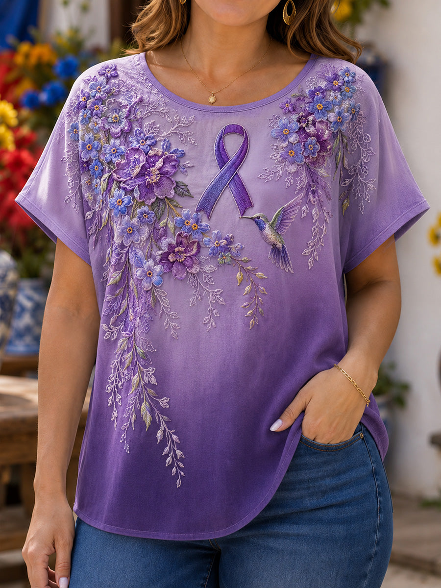 Women's Purple Floral & Hummingbird Print Alzheimer's Awareness Support Tee