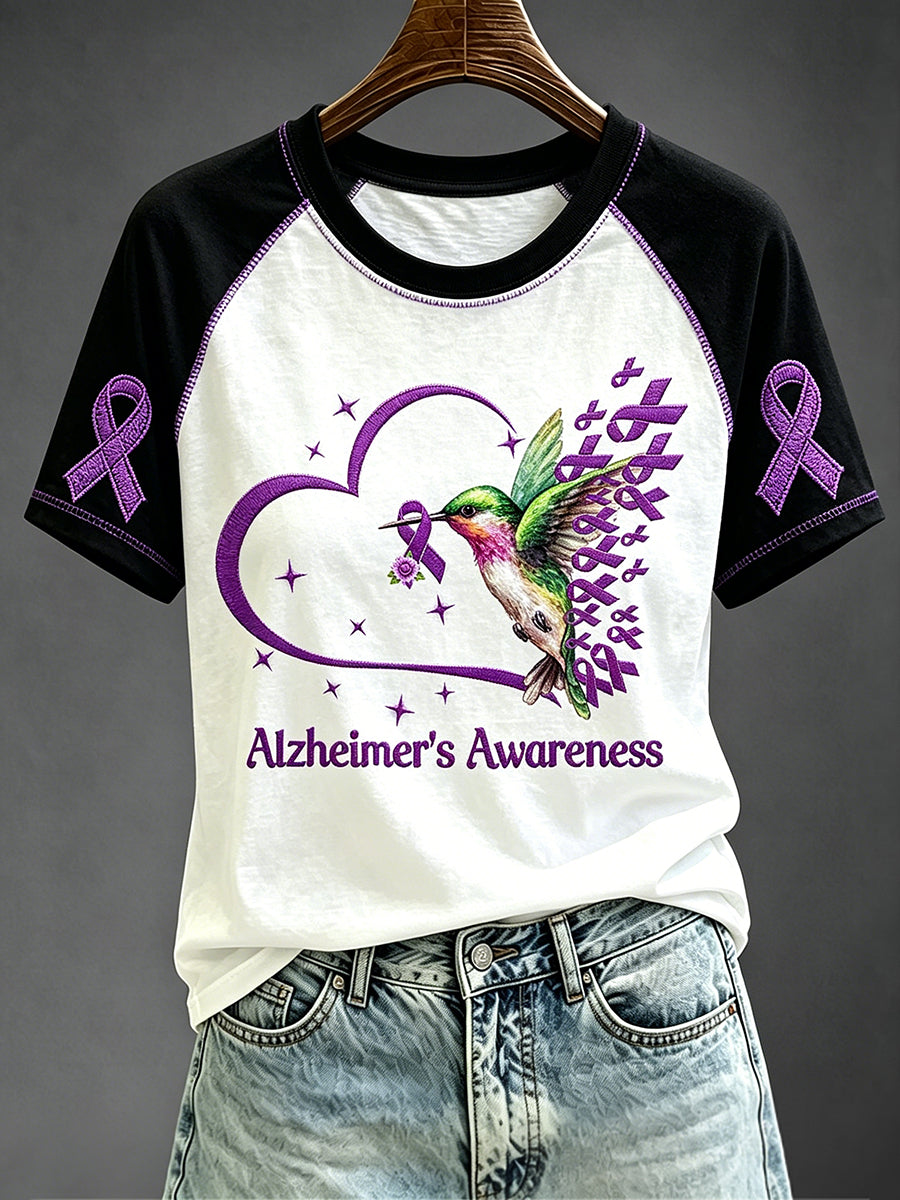 Women's Bird With Ribbon Alzheimer's Awareness Print Short Sleeve T-shirt