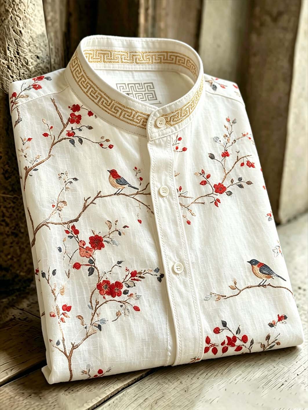 Men's Japanese Art Flower And Bird Pattern Print Short Sleeve Shirt