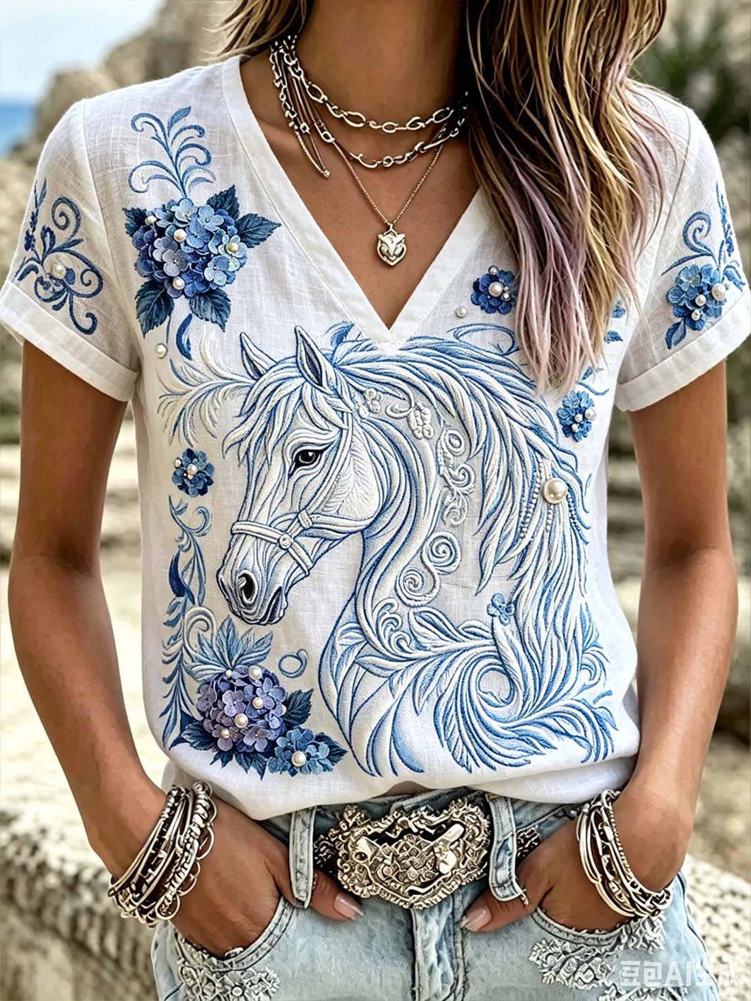 Women's Animal and Plant Flower Pattern Printed Linen Short Sleeve T-Shirt