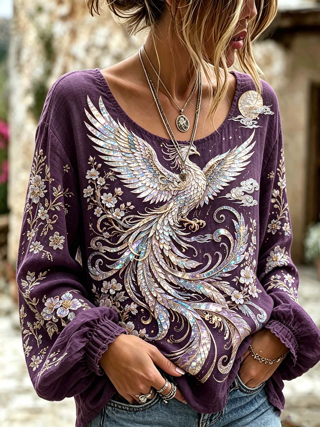 Women's Animal and Plant Flower Pattern Printed Linen Shirt