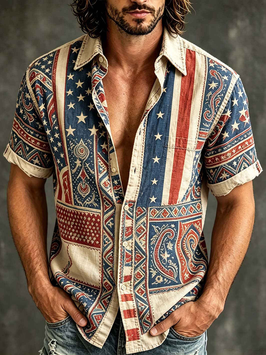 Men's American Flag Element Pattern Printed Short Sleeve Shirt