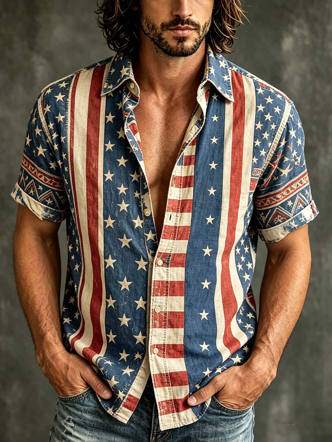 Men's American Flag Element Pattern Printed Short Sleeve Shirt
