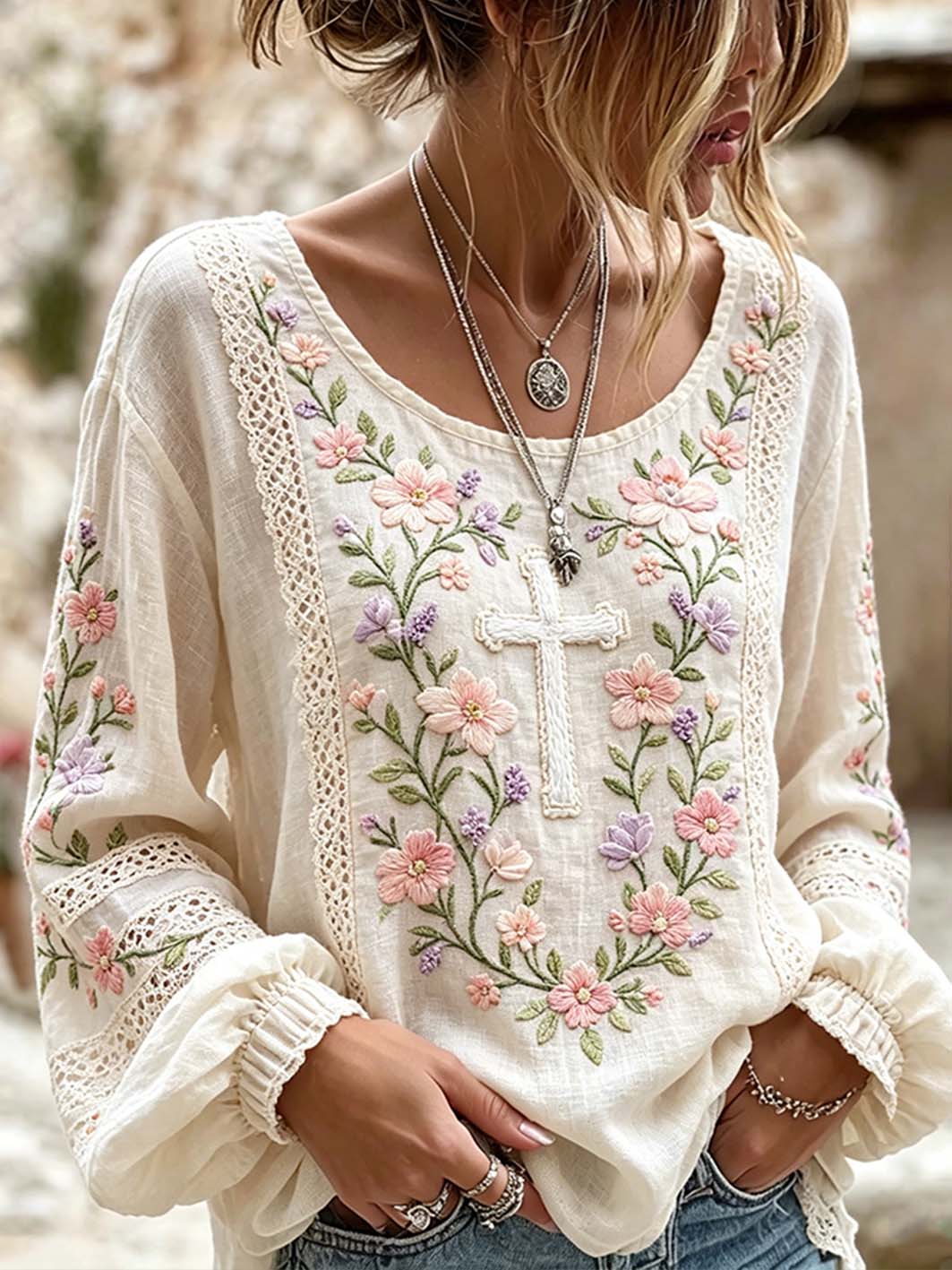 Women's Plant Flower Pattern Print Cotton-Linen Shirt