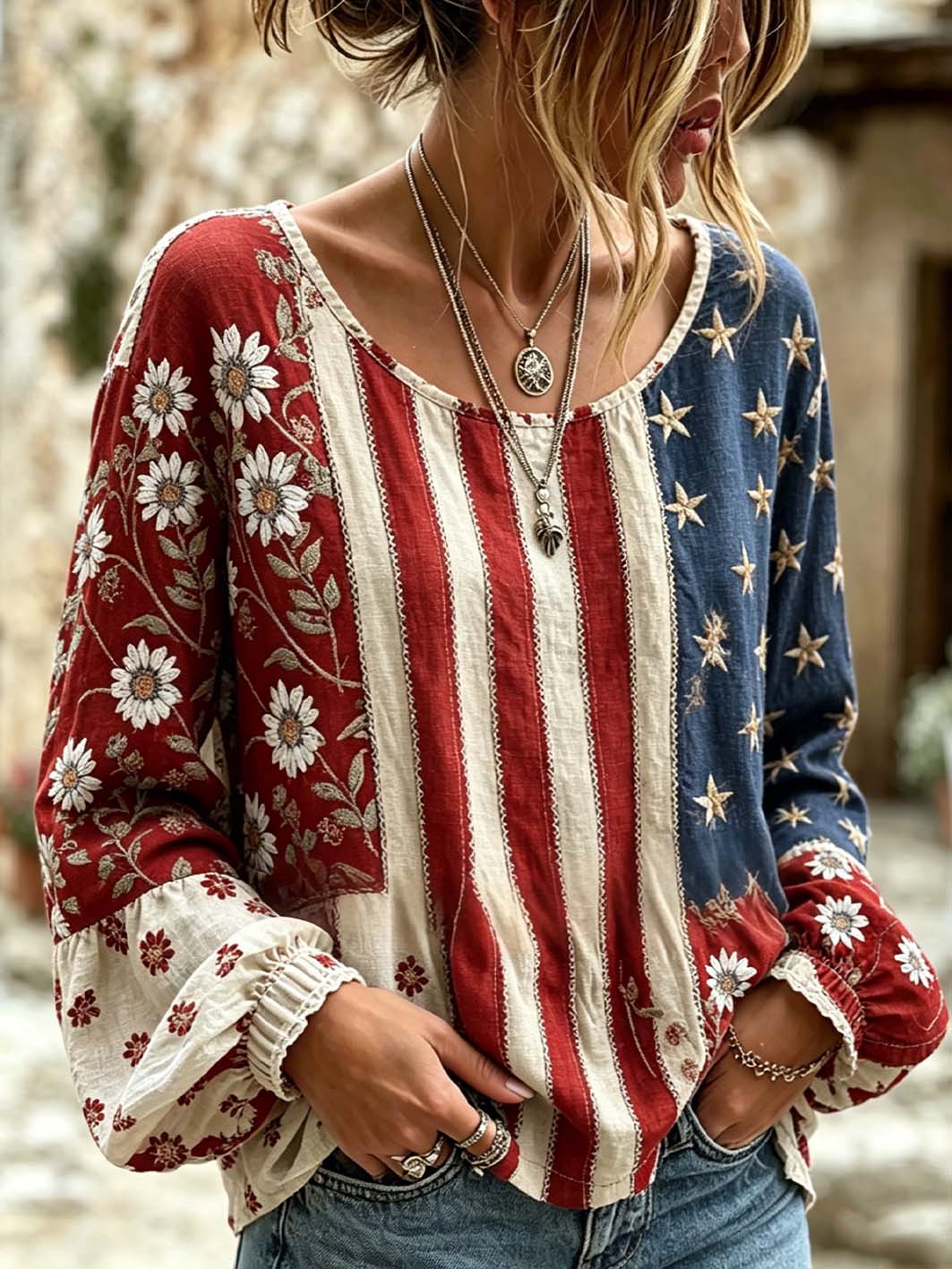 Women's Plaid Design Small Daisy Pattern Print Cotton-Linen Shirt