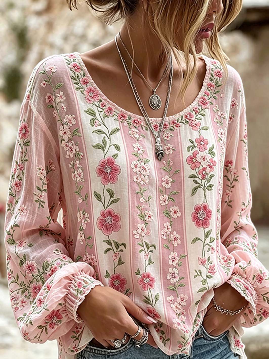Women's Plant Flower Pattern Print Cotton-Linen Shirt