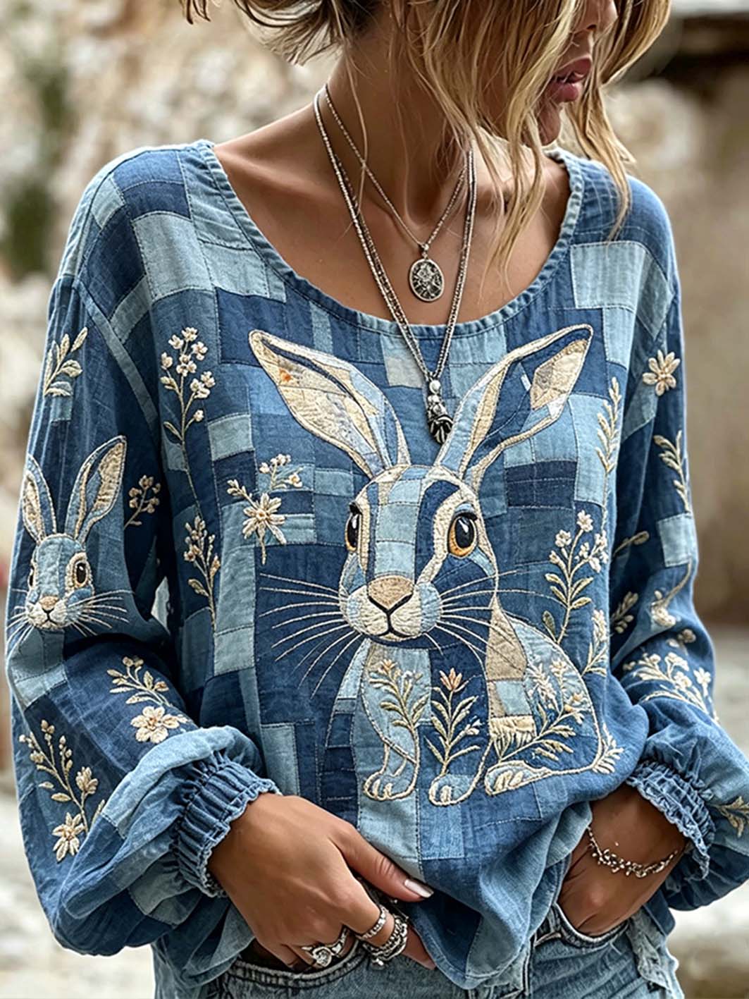 Women's Rabbit Pattern Printed Leisure Cotton-Linen Shirt