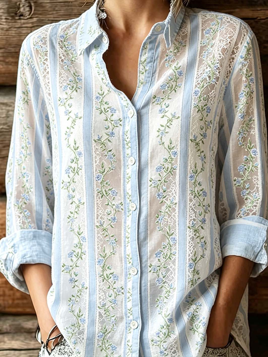 Women's plant flower pattern print clash color design casual shirt