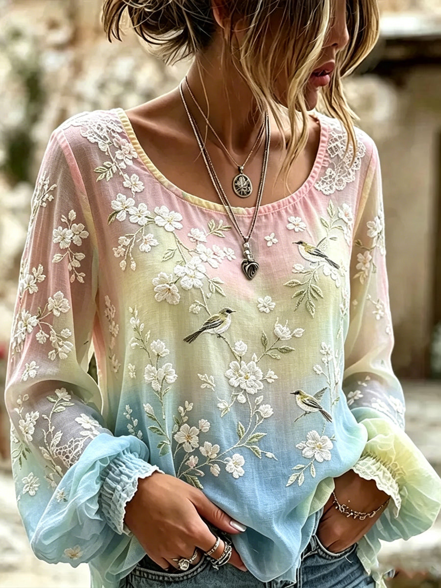 Women's Plants And Flowers Print Cotton-Linen Shirt