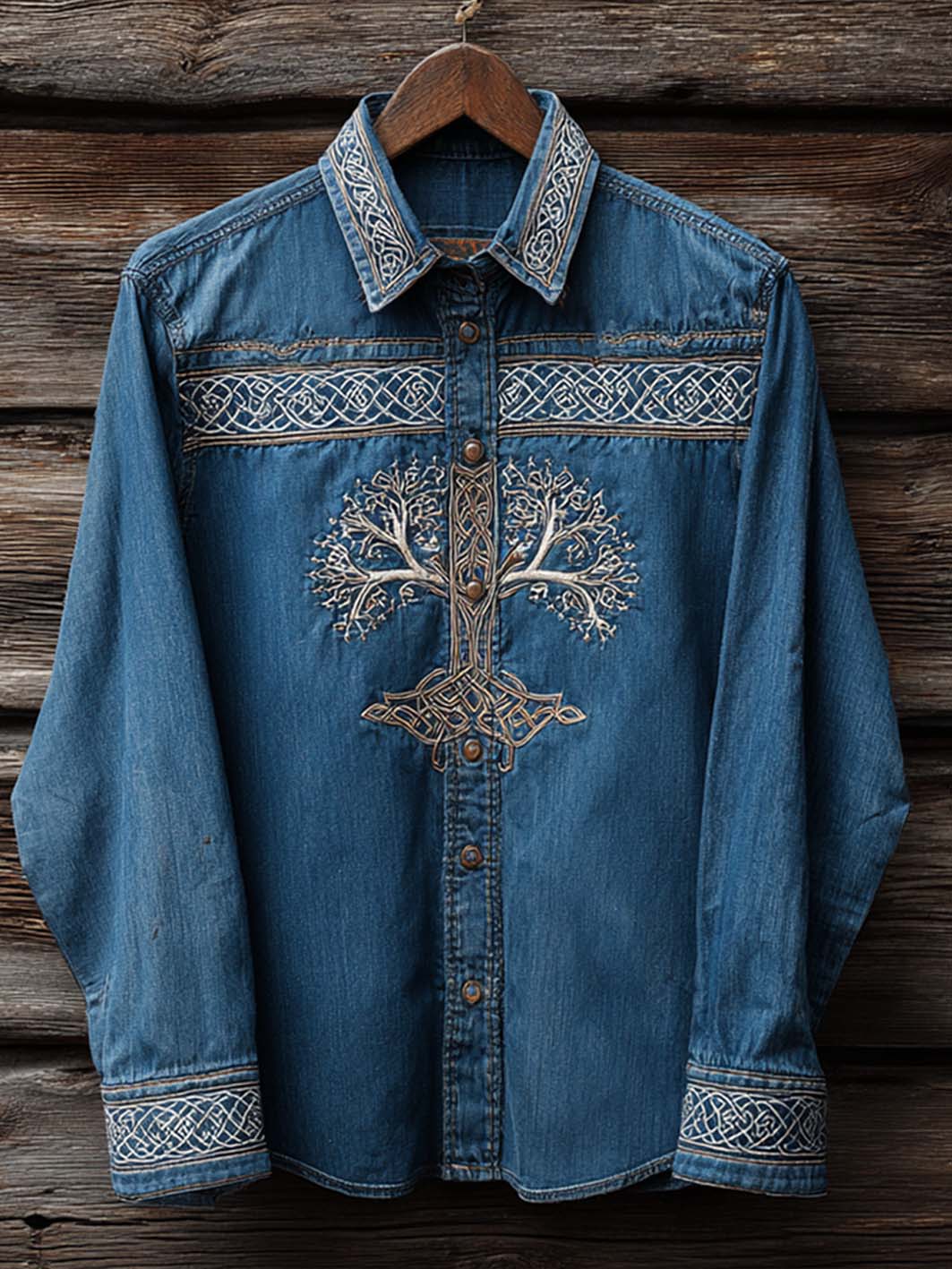 Men's Viking retro pattern printed casual cotton and linen shirt