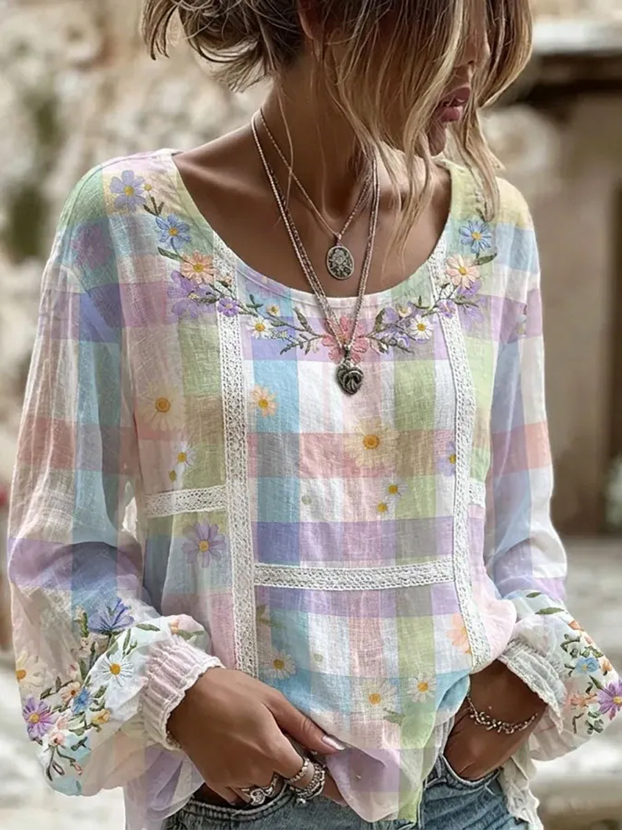 Women's Plants And Flowers Print Cotton-Linen Shirt
