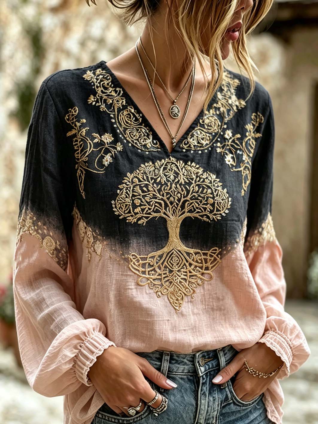 Women's Viking retro pattern printed casual cotton and linen shirt