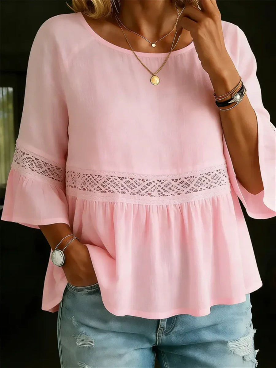 Women's Ruffle Bottom Hollow Lace Patchwork linen Tunic