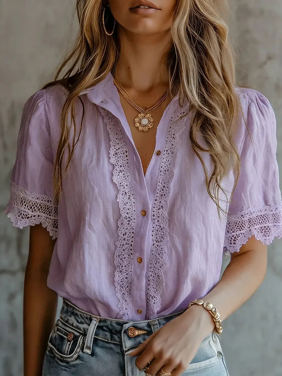 Women's Vintage Lace Trim Comfy short-sleeved Shirt