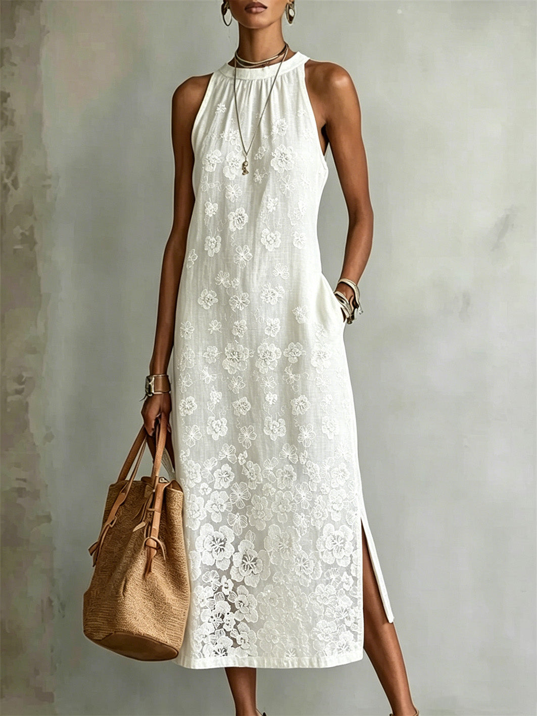 Women's Classy Floral Vines Art Print Side Slit Linen Maxi Dress