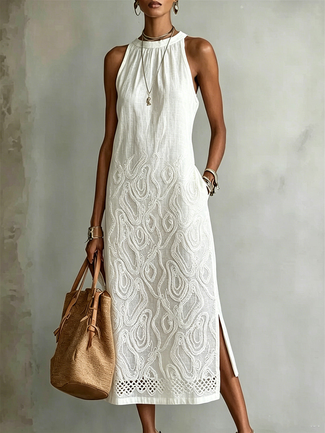 Women's Classy Floral Vines Art Print Side Slit Linen Maxi Dress