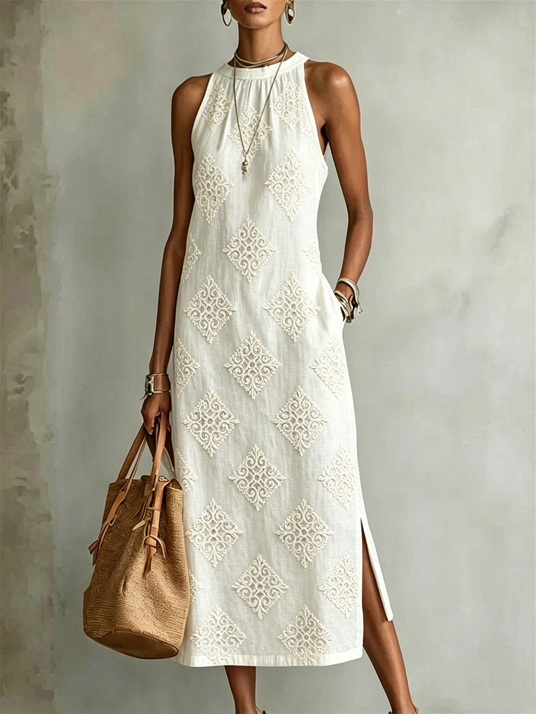 Women's Classy Floral Vines Art Print Side Slit Linen Maxi Dress
