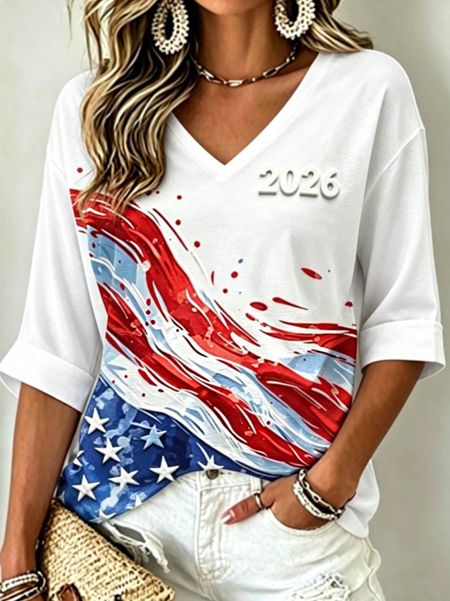 Women's Mid-length Sleeves V-Neck T-Shirt