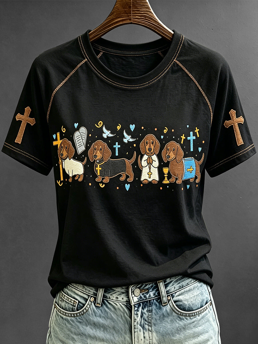 Women's Dachshund Jesus Print Faith Base Short-sleeved T-shirt