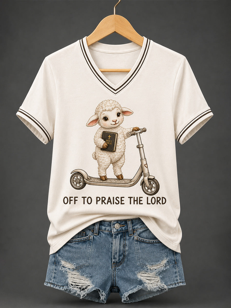 Women's Christian Off To Praise The Lord Print Casual V-Neck Tee