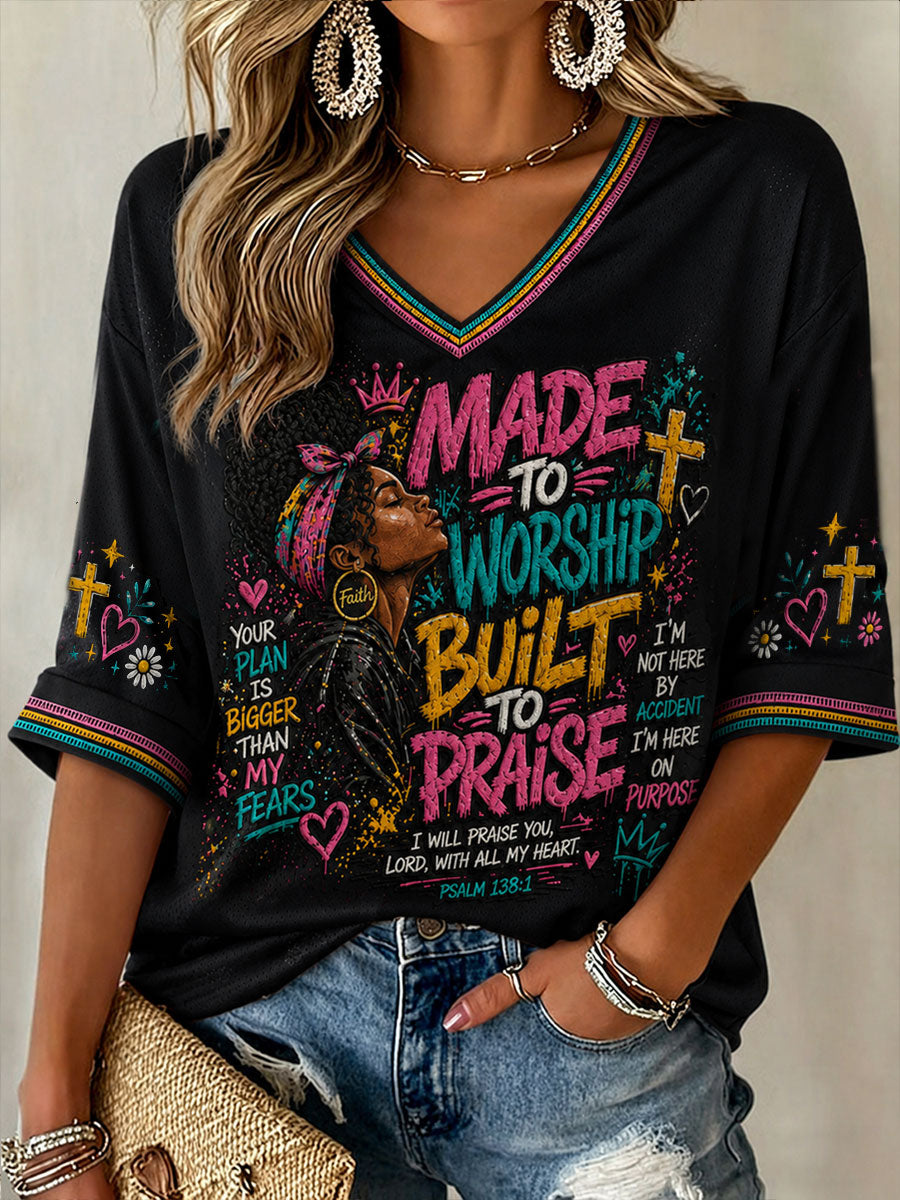 Women's Made To Worship Built To Praise Mid-length Sleeves V-Neck T-Shirt