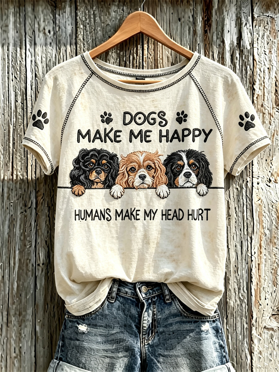 Women's Dogs Make Me Happy Humans Make My Head Hurt Peeking Cavalier King Charles Spaniel T-shirt