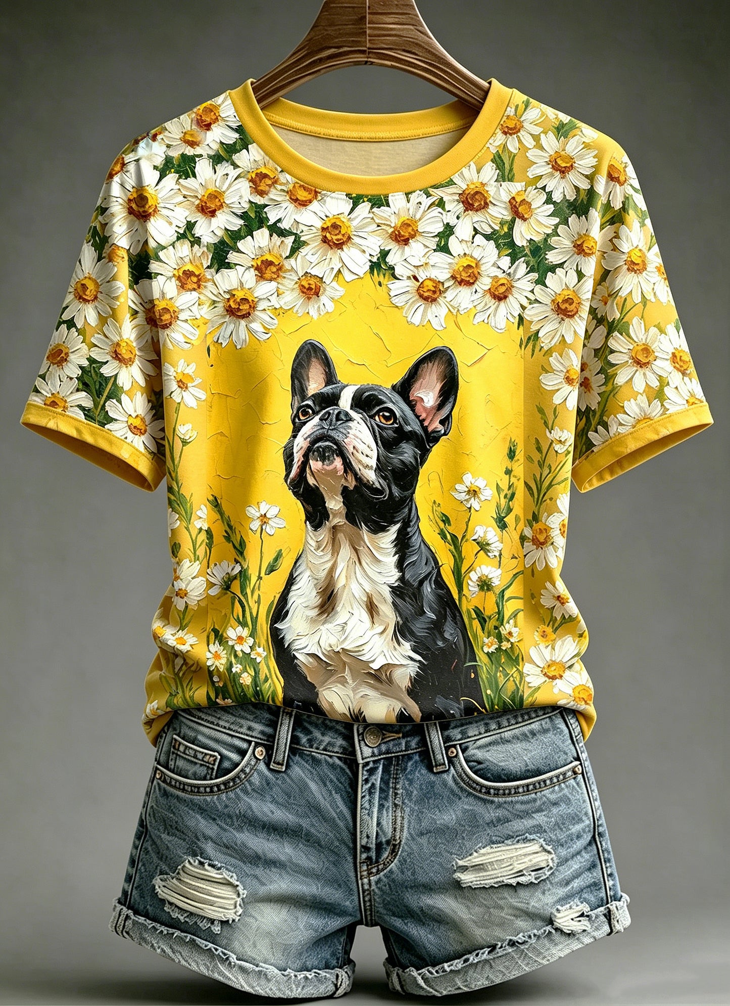 Women's Oil Painting Animal Dog Printed Vintage Fashion Loose Short Sleeve T-Shirt