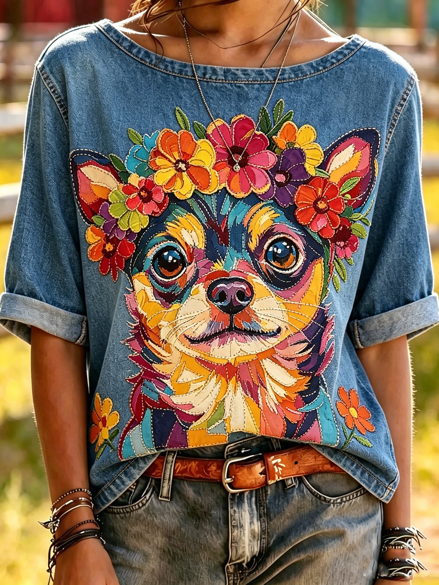 Women's Animal Dog Printed Vintage Fashion Loose Short Sleeve T-Shirt