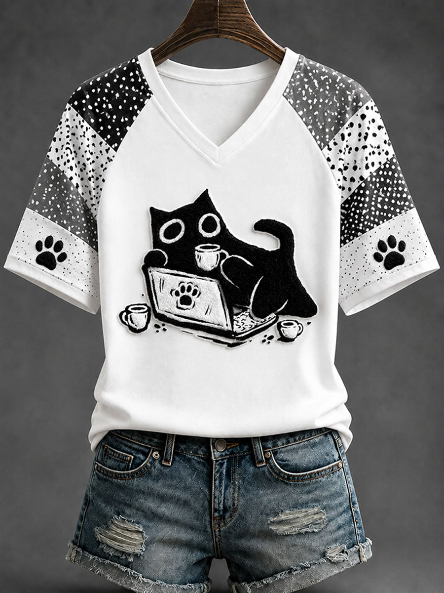 Women's Fun Black Cat Casual Print T-shirt