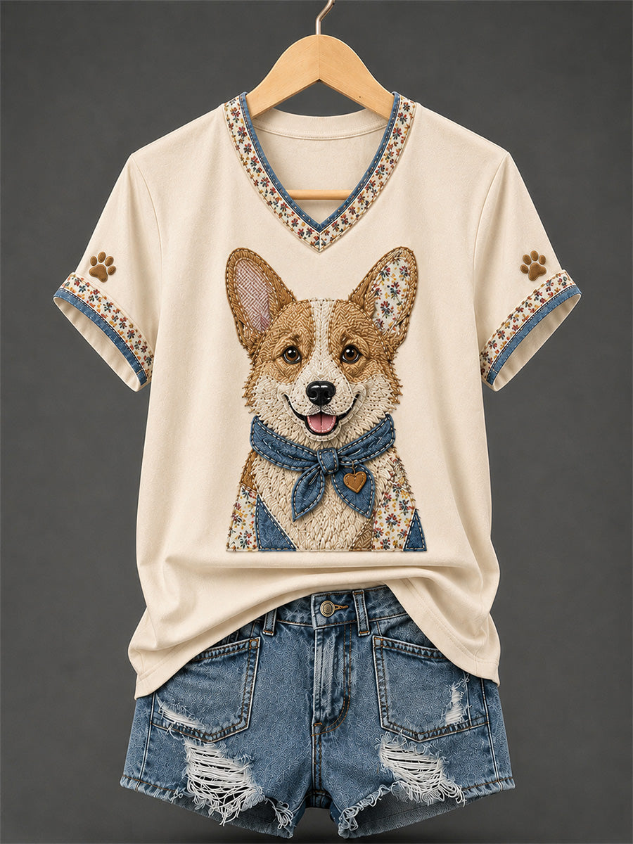 Women's Retro Patchwork Dog Print V-Neck Tee