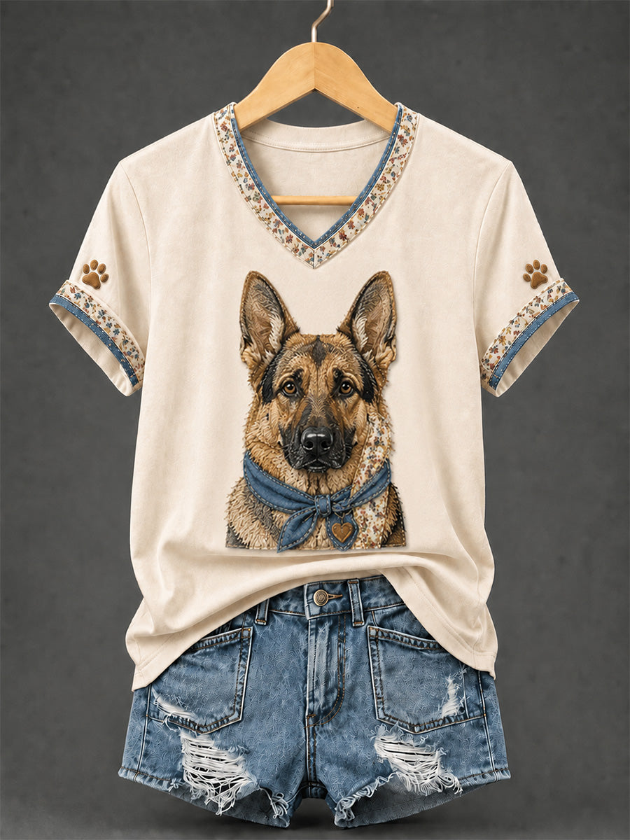 Women's Retro Patchwork Dog Print V-Neck Tee
