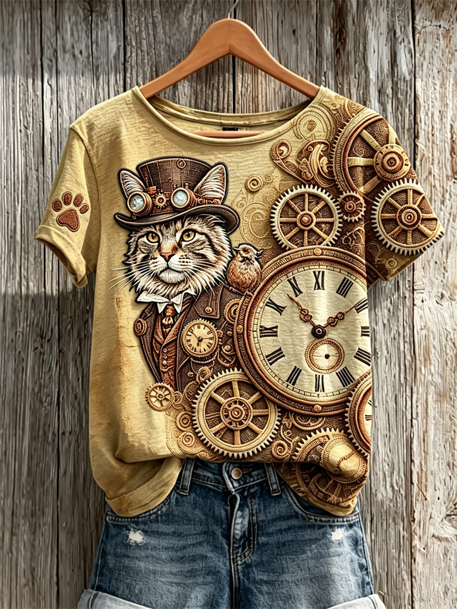 Women's Vintage Steampunk Cat Gear Art Print short-sleeved T-shirt
