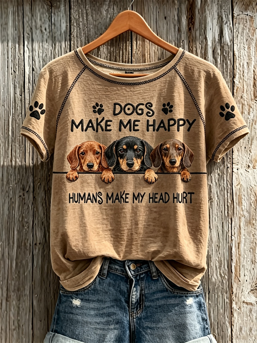 Women's Dogs Make Me Happy Humans Make My Head Hurt Peeking Dachshunds Print T-shirt