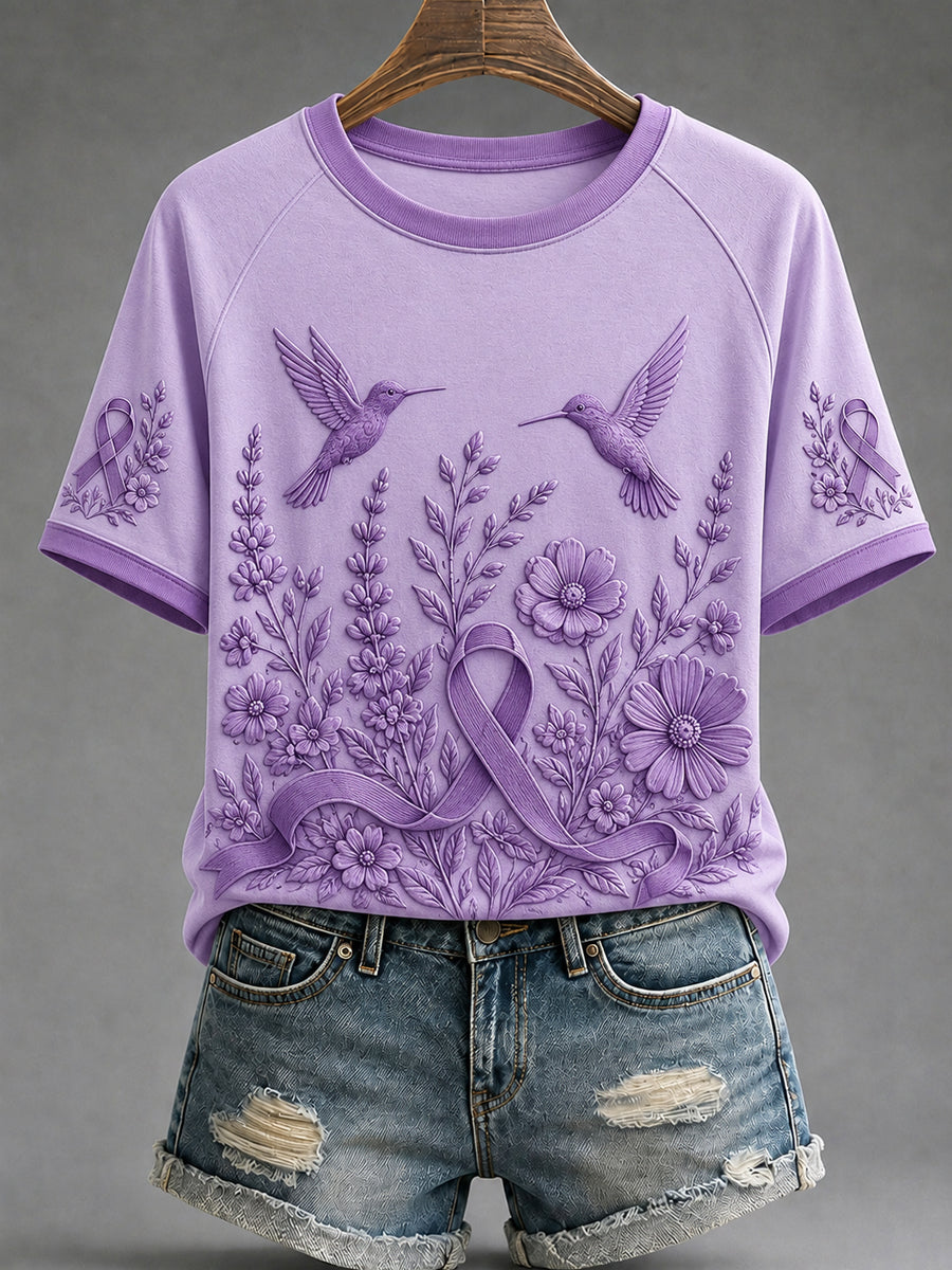 Women's Alzheimer's Awareness Dementia Support Purple Ribbon Purple Floral & Hummingbird Art Tee