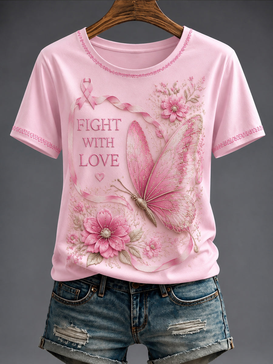 Women's Breast Cancer Pink Flowers Printed T-shirt