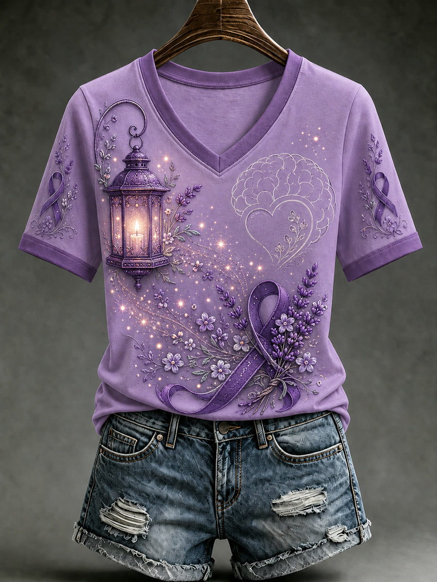 Women's Alzheimer's Awareness Dementia Support Purple Ribbon Purple Floral & Hummingbird Art Tee