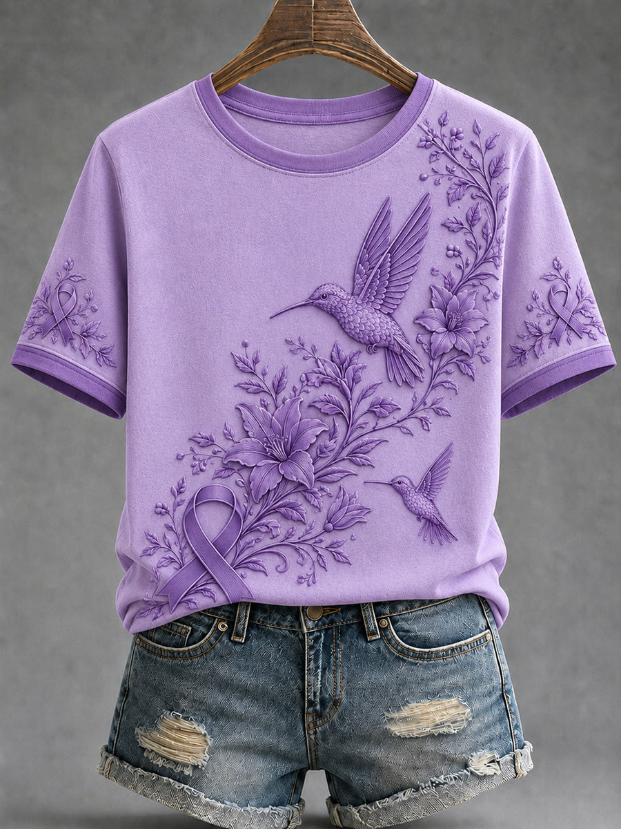 Women's Alzheimer's Awareness Dementia Support Purple Ribbon Purple Floral & Hummingbird Art Top