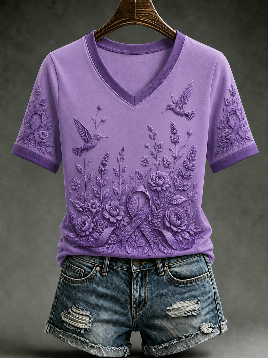 Women's Alzheimer's Awareness Dementia Support Purple Ribbon Purple Floral & Hummingbird Art Tee