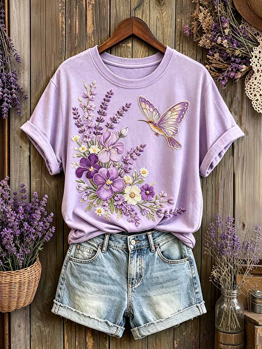 Women's Fashion Purple Floral Pattern Printed T-Shirt