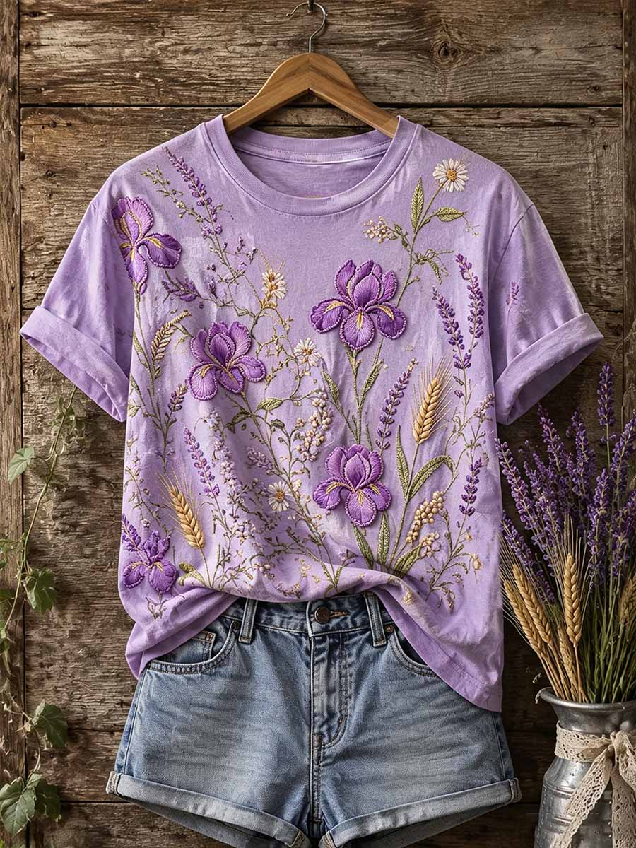 Women's Fashion Purple Floral Pattern Printed T-Shirt