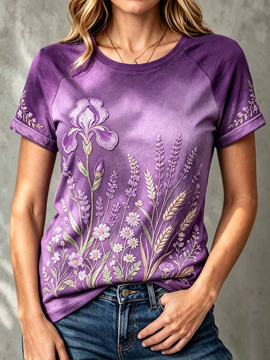 Women's Fashion Purple Floral Pattern Printed T-Shirt